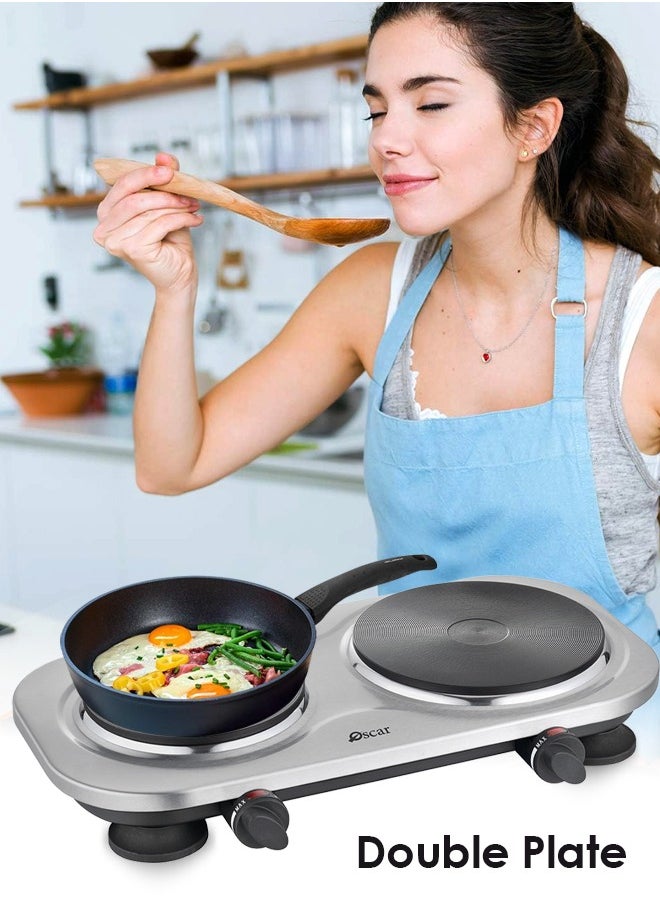 Oscar - Oscar OHP20S Double Hot Plate – 2500W, Durable Cast Iron & Stainless Steel, Adjustable Thermostat, Overheat Protection, Easy-to-Clean, Non-Slip Rubber Feet, Compatible with All Cookware, 220-240V Power Supply - Image 1