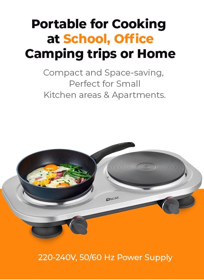 Oscar - Oscar OHP20S Double Hot Plate – 2500W, Durable Cast Iron & Stainless Steel, Adjustable Thermostat, Overheat Protection, Easy-to-Clean, Non-Slip Rubber Feet, Compatible with All Cookware, 220-240V Power Supply - Image 1