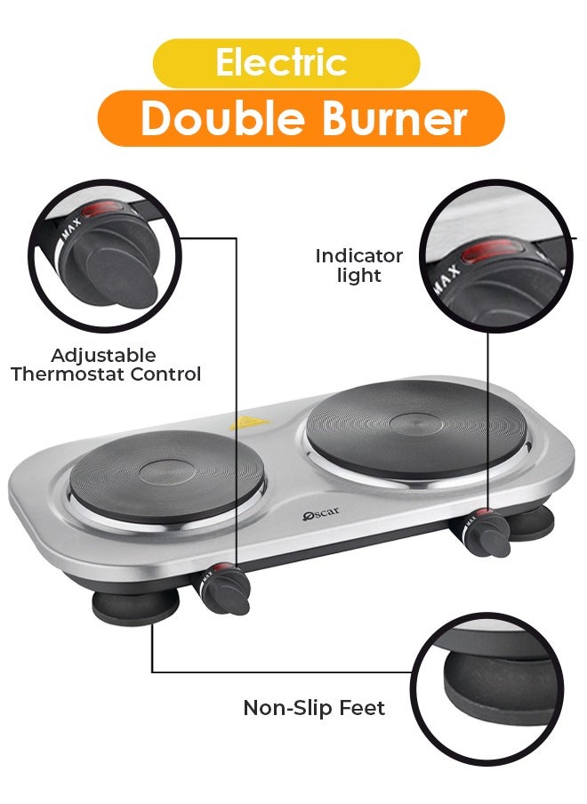 Oscar - Oscar OHP20S Double Hot Plate – 2500W, Durable Cast Iron & Stainless Steel, Adjustable Thermostat, Overheat Protection, Easy-to-Clean, Non-Slip Rubber Feet, Compatible with All Cookware, 220-240V Power Supply - Image 1