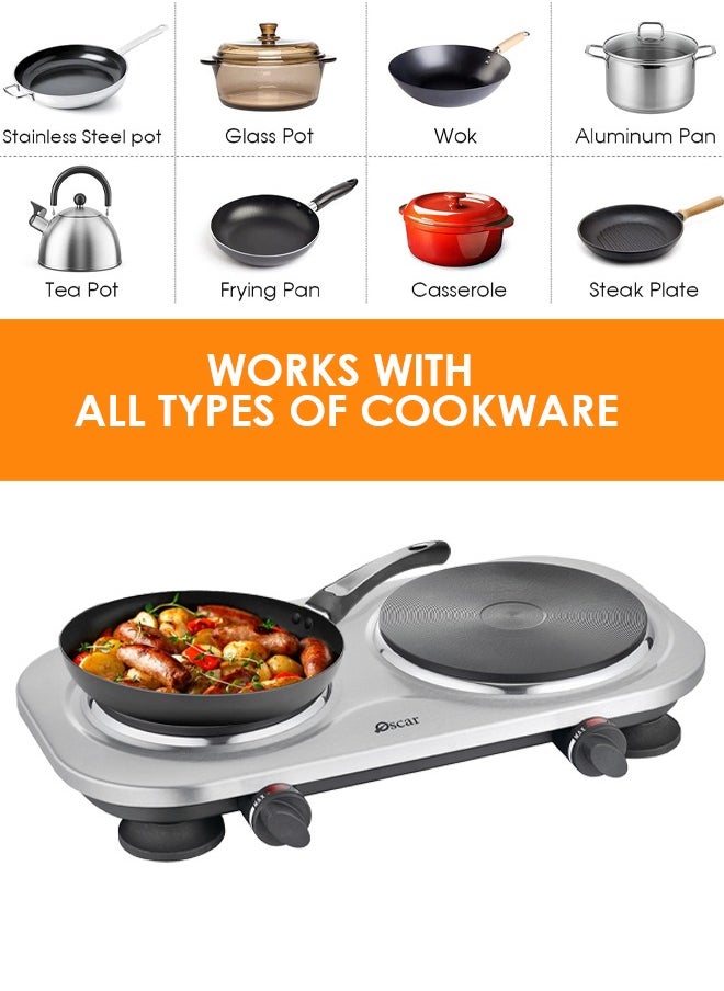 Oscar - Oscar OHP20S Double Hot Plate – 2500W, Durable Cast Iron & Stainless Steel, Adjustable Thermostat, Overheat Protection, Easy-to-Clean, Non-Slip Rubber Feet, Compatible with All Cookware, 220-240V Power Supply - Image 1
