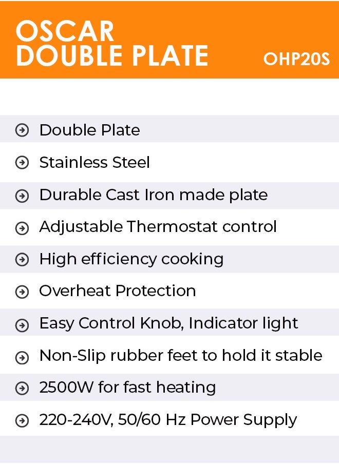 Oscar - Oscar OHP20S Double Hot Plate – 2500W, Durable Cast Iron & Stainless Steel, Adjustable Thermostat, Overheat Protection, Easy-to-Clean, Non-Slip Rubber Feet, Compatible with All Cookware, 220-240V Power Supply - Image 1