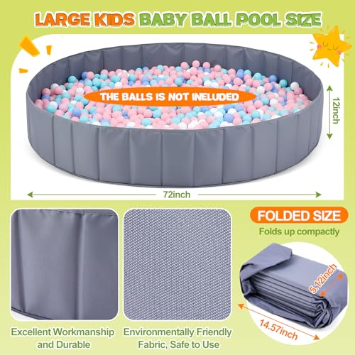 Burbell 72 x 12 Extra Large Kids Baby Ball Pool Jumbo Ball Toddlers Game Activity Pit Hold Over 2000 Balls Round Folding Portable Play Pit Indoor and Outdoor Balls Not IncludeGrey - Image 5