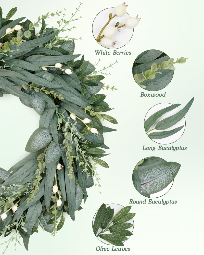 Vlorart 24 Inch Summer Wreath for Front Door, Artificial Outdoor Eucalyptus Wreath, Spring Green Wreaths for Front Door, Boxwood Wreaths with Berries and Olive Leaves for Outside Year Round - Image 3