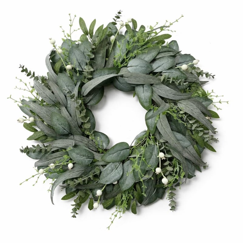 Vlorart 24 Inch Summer Wreath for Front Door, Artificial Outdoor Eucalyptus Wreath, Spring Green Wreaths for Front Door, Boxwood Wreaths with Berries and Olive Leaves for Outside Year Round - Image 1