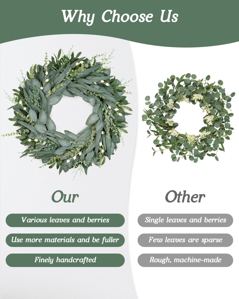Vlorart 24 Inch Summer Wreath for Front Door, Artificial Outdoor Eucalyptus Wreath, Spring Green Wreaths for Front Door, Boxwood Wreaths with Berries and Olive Leaves for Outside Year Round - Image 4