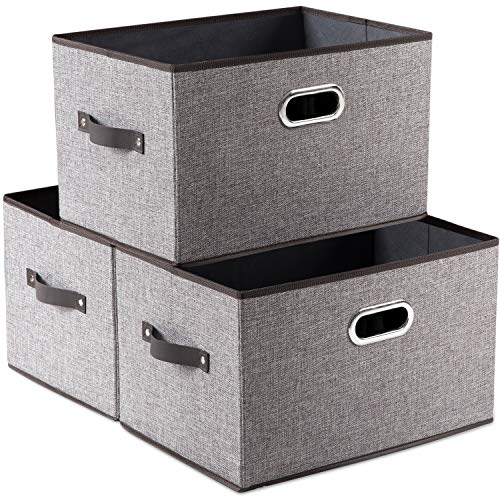 PRANDOM Larger Collapsible Storage Bins for Closet [3-pack] Decorative Linen Fabric Storage Baskets Cubes with Leather/Metal Handles for Living Room Cloth Grey and Black Trim (17.3x12.2x10.4 Inch) - Image 1