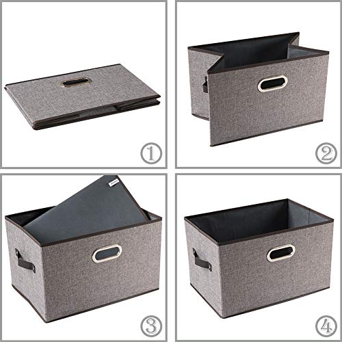 PRANDOM Larger Collapsible Storage Bins for Closet [3-pack] Decorative Linen Fabric Storage Baskets Cubes with Leather/Metal Handles for Living Room Cloth Grey and Black Trim (17.3x12.2x10.4 Inch) - Image 5