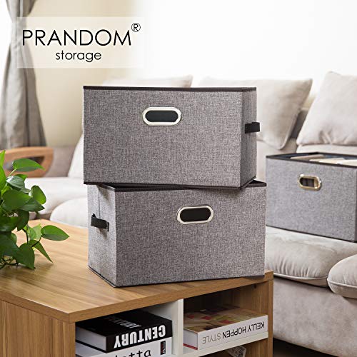 PRANDOM Larger Collapsible Storage Bins for Closet [3-pack] Decorative Linen Fabric Storage Baskets Cubes with Leather/Metal Handles for Living Room Cloth Grey and Black Trim (17.3x12.2x10.4 Inch) - Image 2