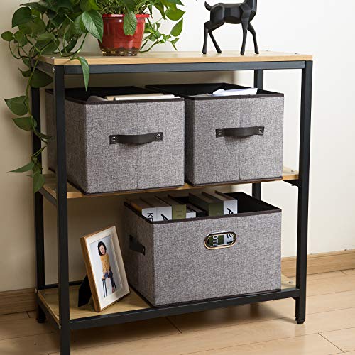 PRANDOM Larger Collapsible Storage Bins for Closet [3-pack] Decorative Linen Fabric Storage Baskets Cubes with Leather/Metal Handles for Living Room Cloth Grey and Black Trim (17.3x12.2x10.4 Inch) - Image 3