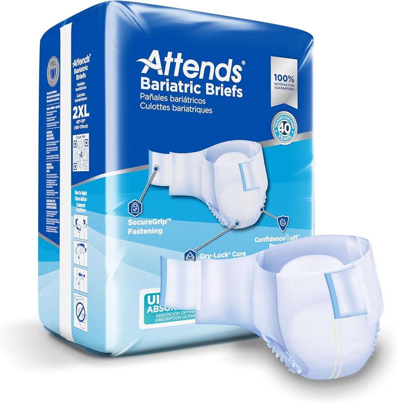 Attends Bariatric Incontinence Disposable Briefs, XX-Large, 63"-70" Waist with SecureGrip Tab Closure, Ultimate Absorbency, Dry-Lock Containment Core and ConfidenceCuff Leakage Protection, 12ct Bag