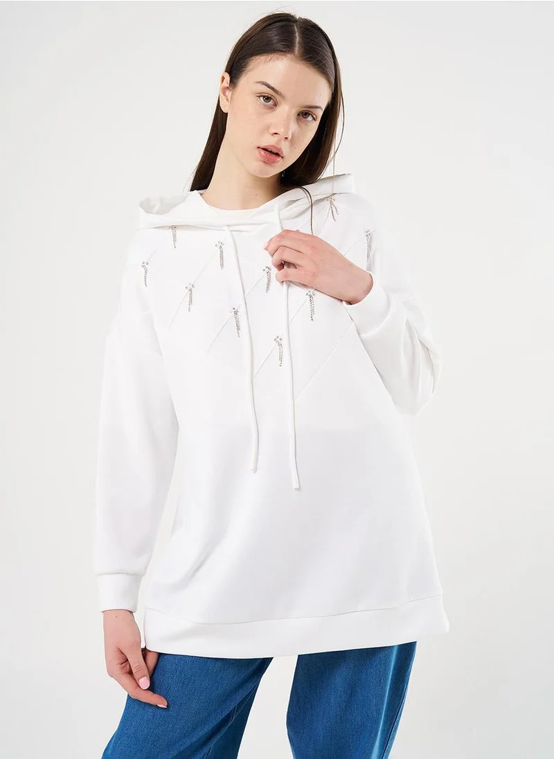 Kayra Stone Embellished Scuba Sweatshirt Ecru