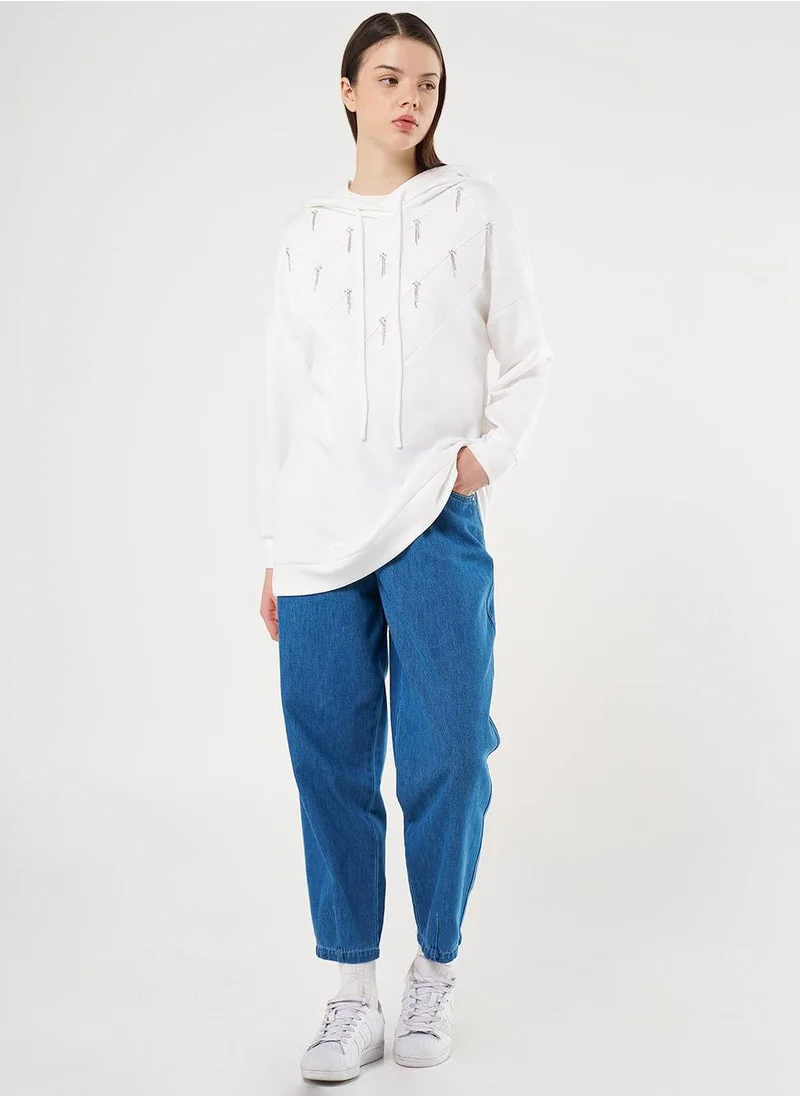 Kayra Stone Embellished Scuba Sweatshirt Ecru