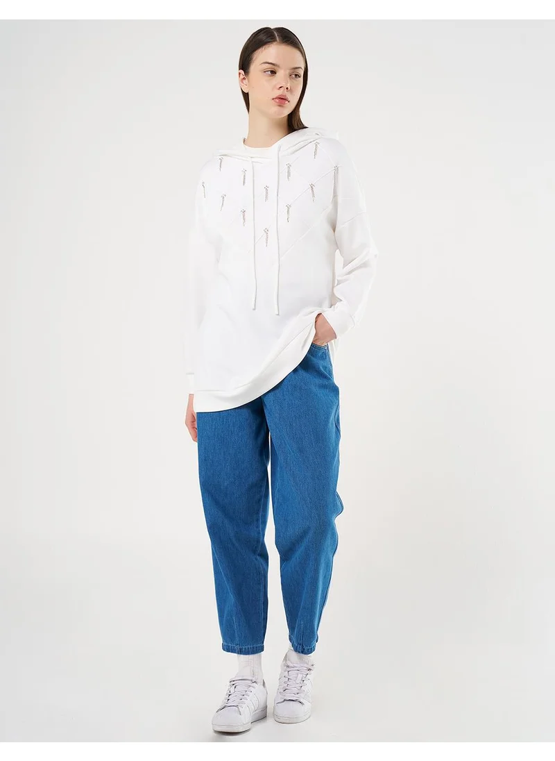 Kayra Stone Embellished Scuba Sweatshirt Ecru