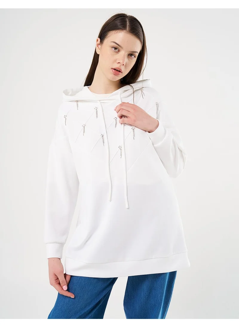 Kayra Stone Embellished Scuba Sweatshirt Ecru
