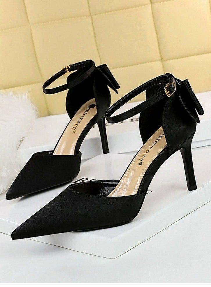 BIGTREE Women's Closed Pointed Toe 8 CM High Heels with Bow Knot Ankle Strap Satin Stiletto Pumps Black