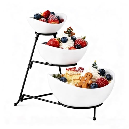 Gomakren 3 Tiered Oval Serving Bowl With Collapsible Metal Rack, Chip and Dip Serving Set, Dessert Appetizer, Candy, Fruit, Vegetable Bowl Set, Christmas Serving Bowls For Entertaining (Black Stand) - Image 1