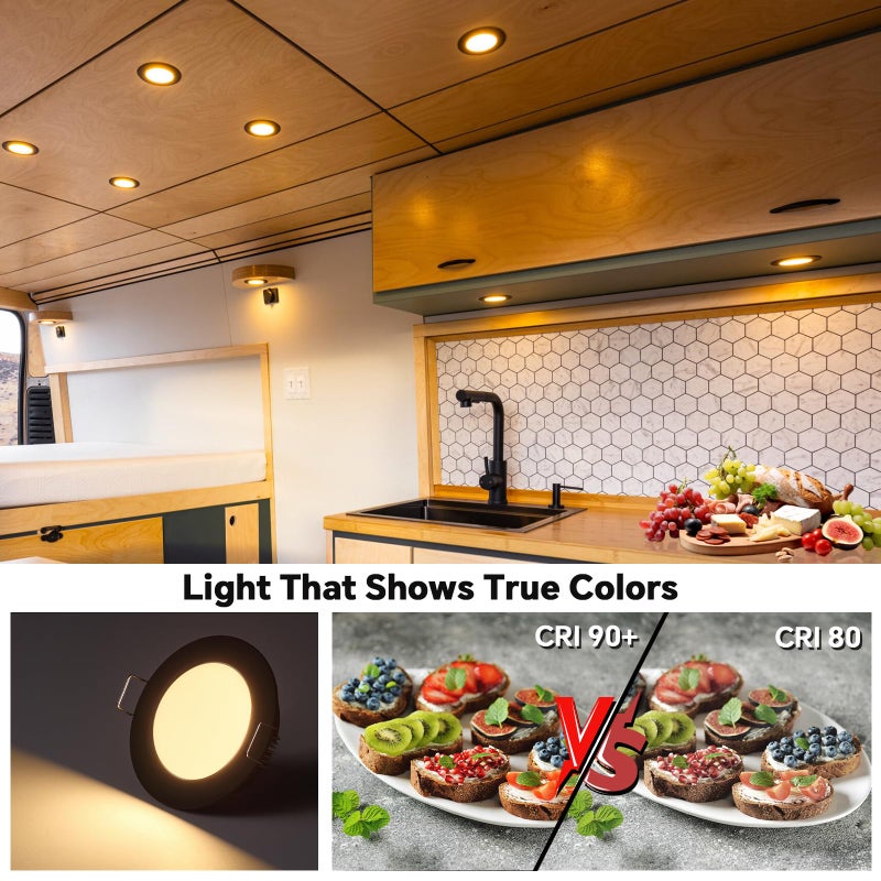 acegoo RV 2.75" Recessed LED Ceiling Light 12V Ultra-Thin Puck Light, Dimmable RV Lights Interior for Camper Van Truck Motorhome Boat Sailboat Roof Under Cabinet Lighting, 6 Pack (Black,Warm White) - Image 3