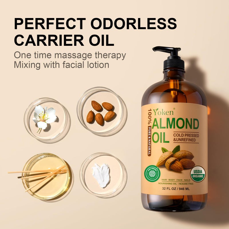 Yoken Organic Almond Oil 32 fl oz 100% USDA Pure Cold Pressed Glass Bottle Almond Oils for Skin, Hair, Face, Body Moisturizer, Smooth and Soft Skin, Base Carrier Oil for DIY, Massage - Image 5