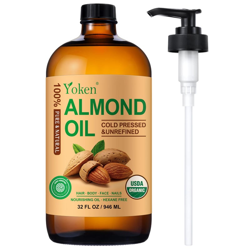 Yoken Organic Almond Oil 32 fl oz 100% USDA Pure Cold Pressed Glass Bottle Almond Oils for Skin, Hair, Face, Body Moisturizer, Smooth and Soft Skin, Base Carrier Oil for DIY, Massage - Image 1