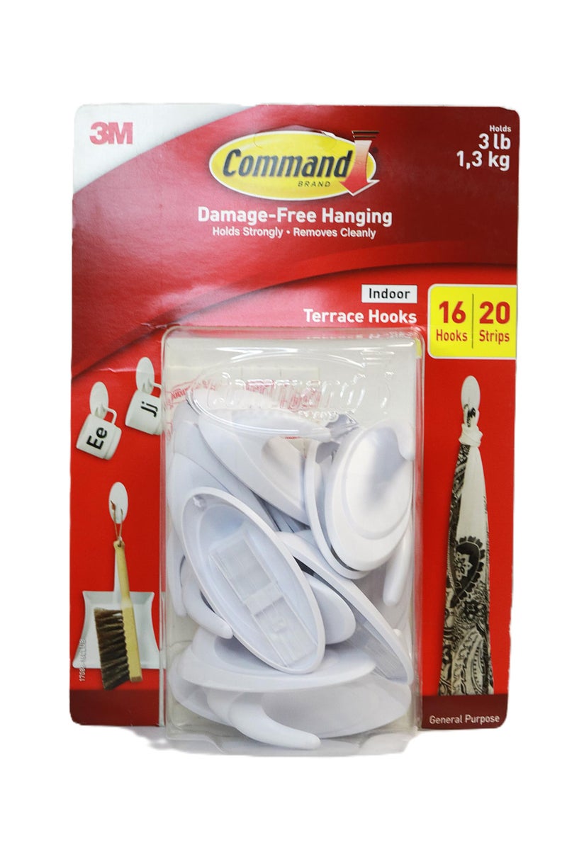 Command Utility Hooks, Damage Free Hanging Wall Hooks with Adhesive Strips, No Tools Wall Hooks, 16 White Hooks and 20 Strips - Image 1