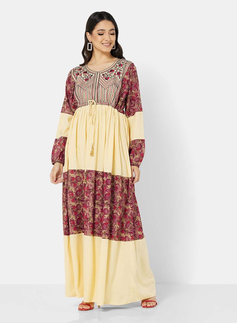HANA & SARA RAYON EMBROIDERED ARABIC JALABIYA KAFTAN WITH TIE KNOTS AND SCARF  - Image 4