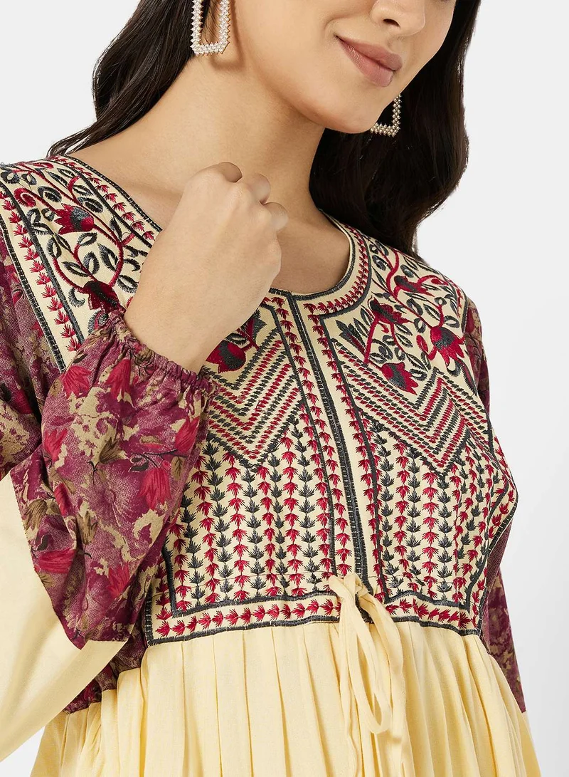 HANA & SARA RAYON EMBROIDERED ARABIC JALABIYA KAFTAN WITH TIE KNOTS AND SCARF