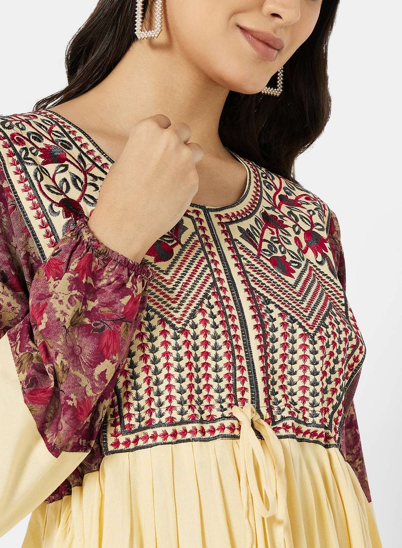 HANA & SARA RAYON EMBROIDERED ARABIC JALABIYA KAFTAN WITH TIE KNOTS AND SCARF  - Image 3