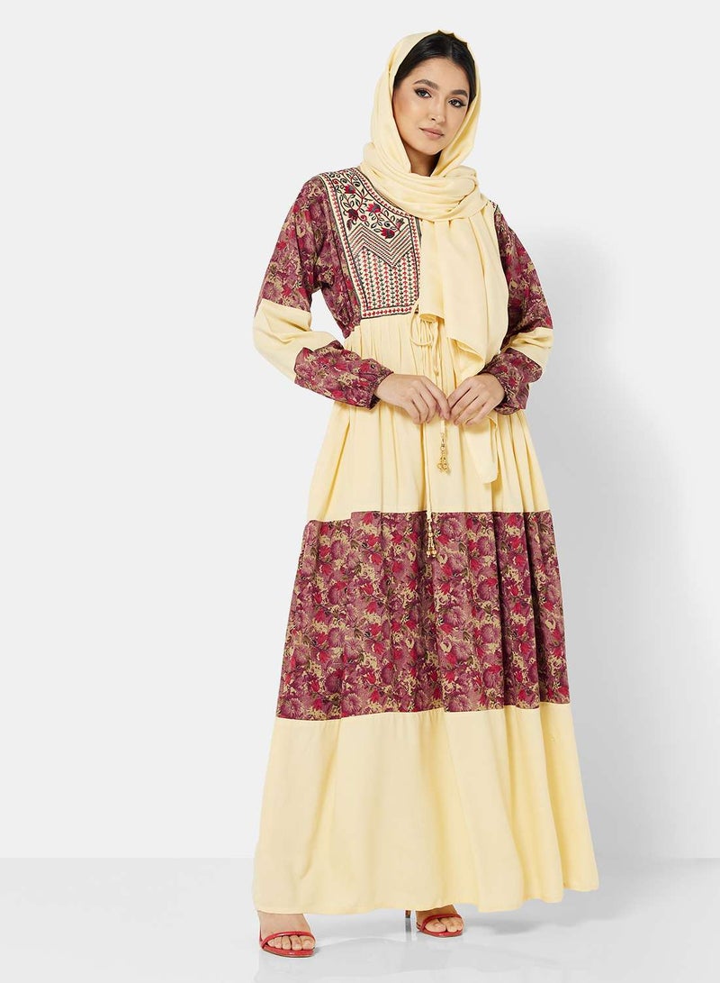 HANA & SARA RAYON EMBROIDERED ARABIC JALABIYA KAFTAN WITH TIE KNOTS AND SCARF  - Image 1