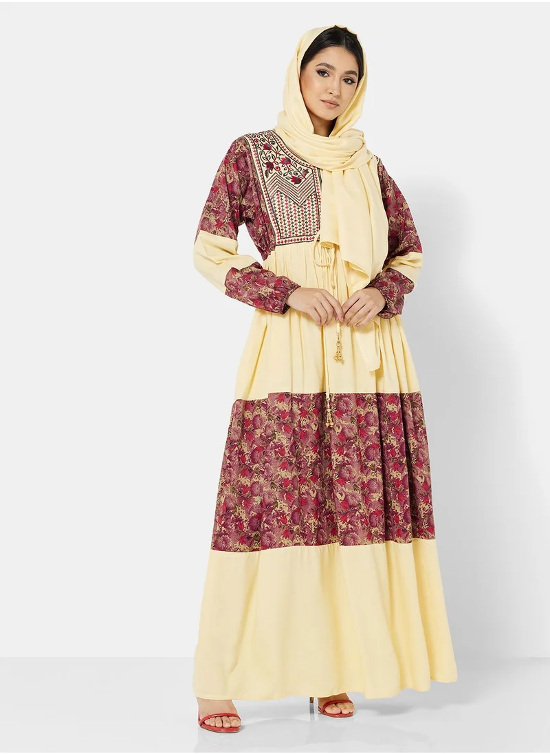 HANA & SARA COMPUTER EMBROIDERED BEIGE COMMON RAYON PRINTED JALABIYA WITH TIEKNOTS WITH SCARF