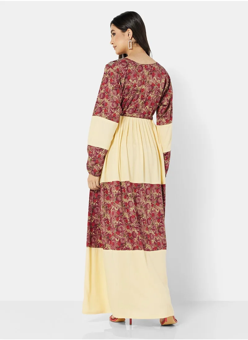 HANA & SARA COMPUTER EMBROIDERED BEIGE COMMON RAYON PRINTED JALABIYA WITH TIEKNOTS WITH SCARF