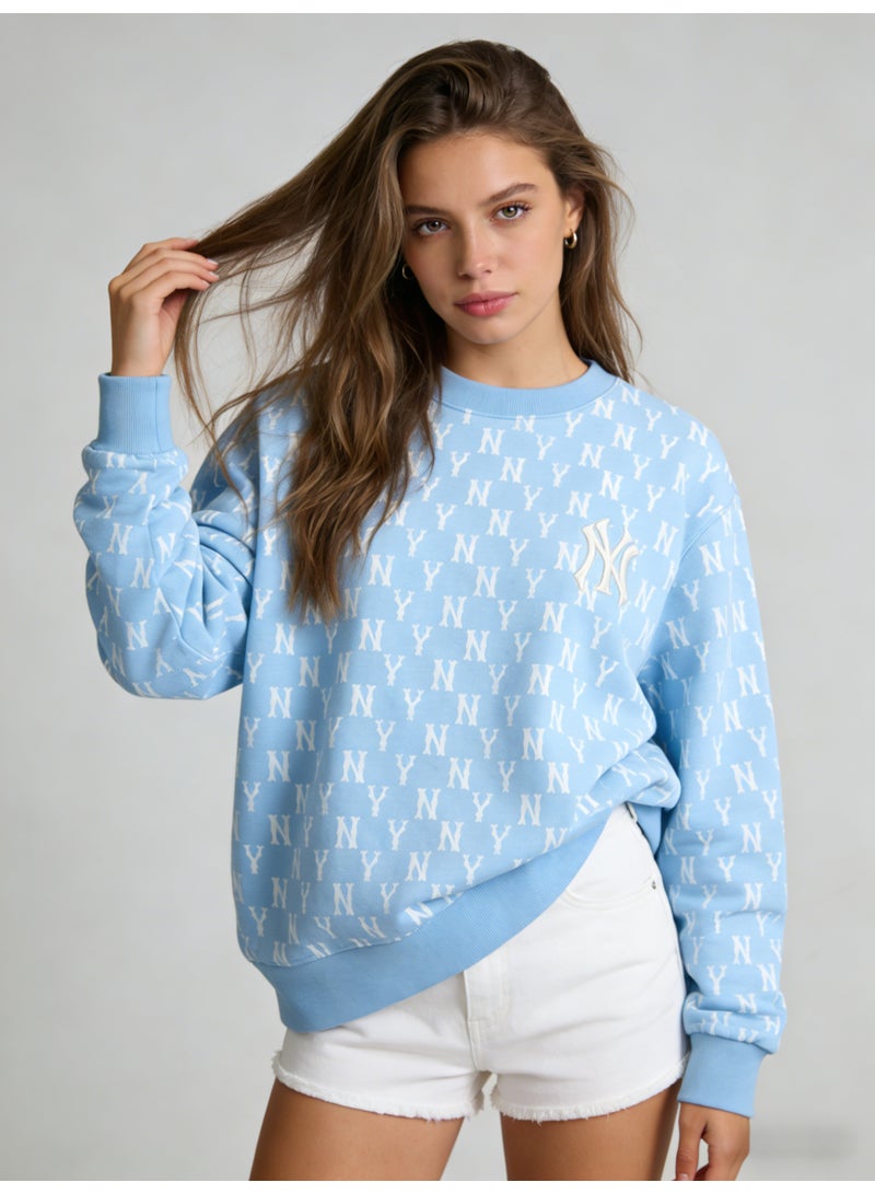 MLB Women’s Light Blue NY Monogram All-Over Print Crewneck Sweatshirt - Image 1