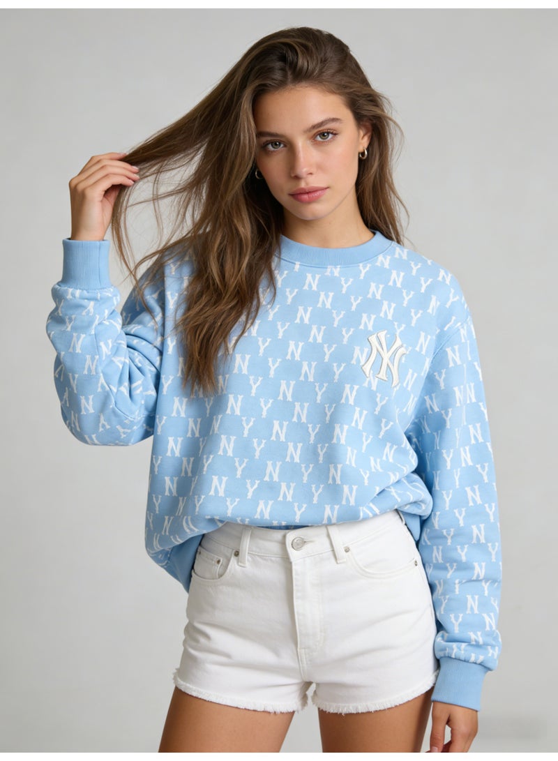 MLB Women’s Light Blue NY Monogram All-Over Print Crewneck Sweatshirt - Image 5