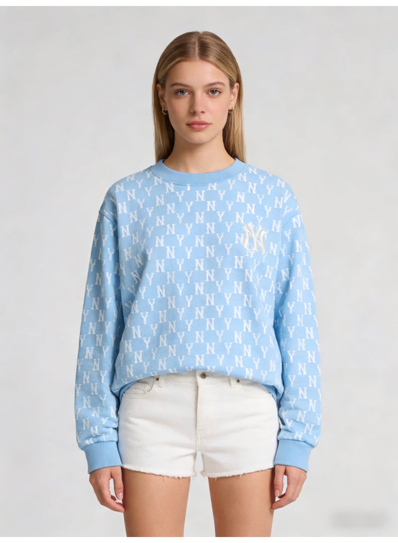 MLB Women’s Light Blue NY Monogram All-Over Print Crewneck Sweatshirt - Image 4