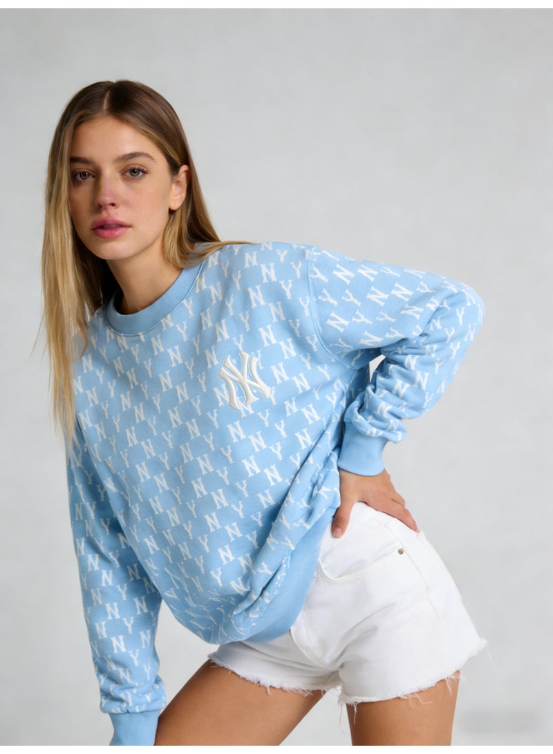 MLB Women’s Light Blue NY Monogram All-Over Print Crewneck Sweatshirt - Image 3