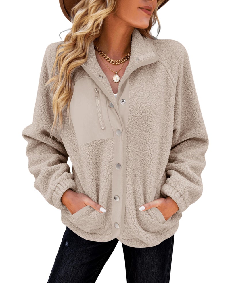 SELINK Womens Fleece Jacket Western Aztec Print Long Sleeve Snap Button Down Shacket Jackets with Pockets Apricot-XL - Image 1