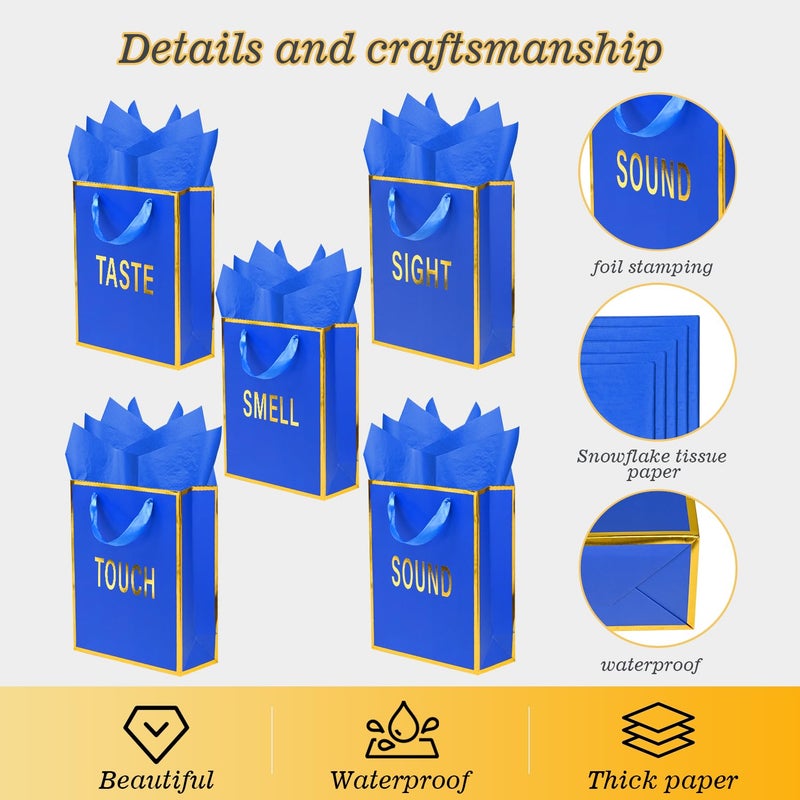 Nimbbex Gold Foil 5 Senses Gift Bags For Him Her With Labels Envelopes And Cards  Sight Smell Touch Taste Sound Gift Bags With Tissue Handle For Birthday  Anniversary  Mother'S Day  Valentine'S Day 9 X 7 X 3.15 Inch (Blue) - Image 4