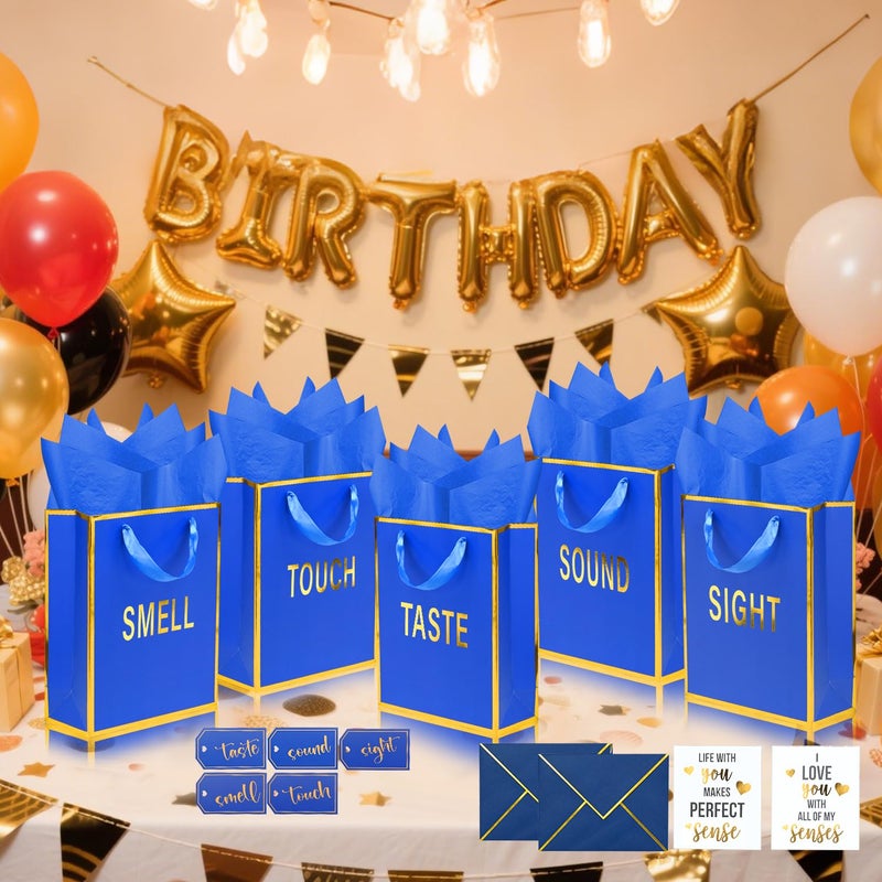 Nimbbex Gold Foil 5 Senses Gift Bags For Him Her With Labels Envelopes And Cards  Sight Smell Touch Taste Sound Gift Bags With Tissue Handle For Birthday  Anniversary  Mother'S Day  Valentine'S Day 9 X 7 X 3.15 Inch (Blue) - Image 2