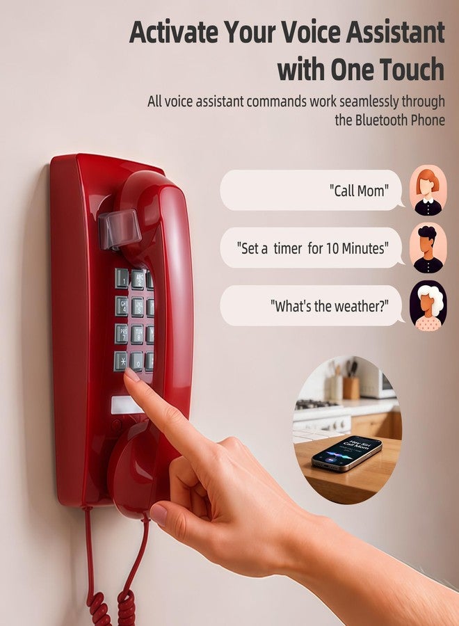 Sangyn Bluetooth Retro Wall Phone Bluetooth Compatible with Android & iOS, Bluetooth Landline Phone Wireless Home Telephone with Voice Assistant,Speakerphone & Volume Control, Red - Image 4