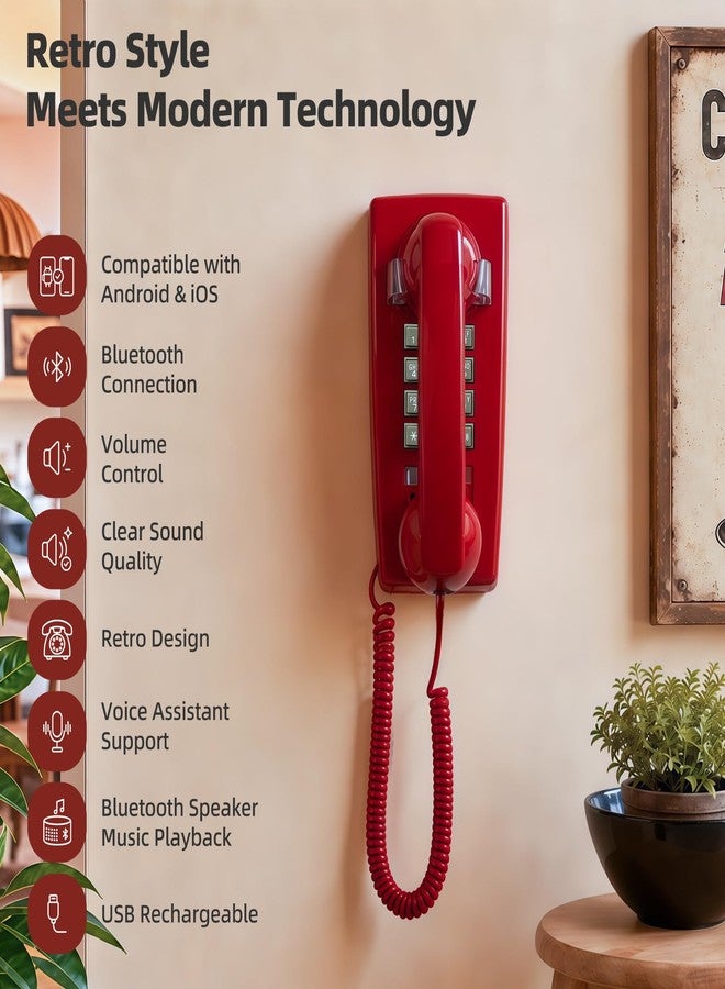 Sangyn Bluetooth Retro Wall Phone Bluetooth Compatible with Android & iOS, Bluetooth Landline Phone Wireless Home Telephone with Voice Assistant,Speakerphone & Volume Control, Red - Image 3