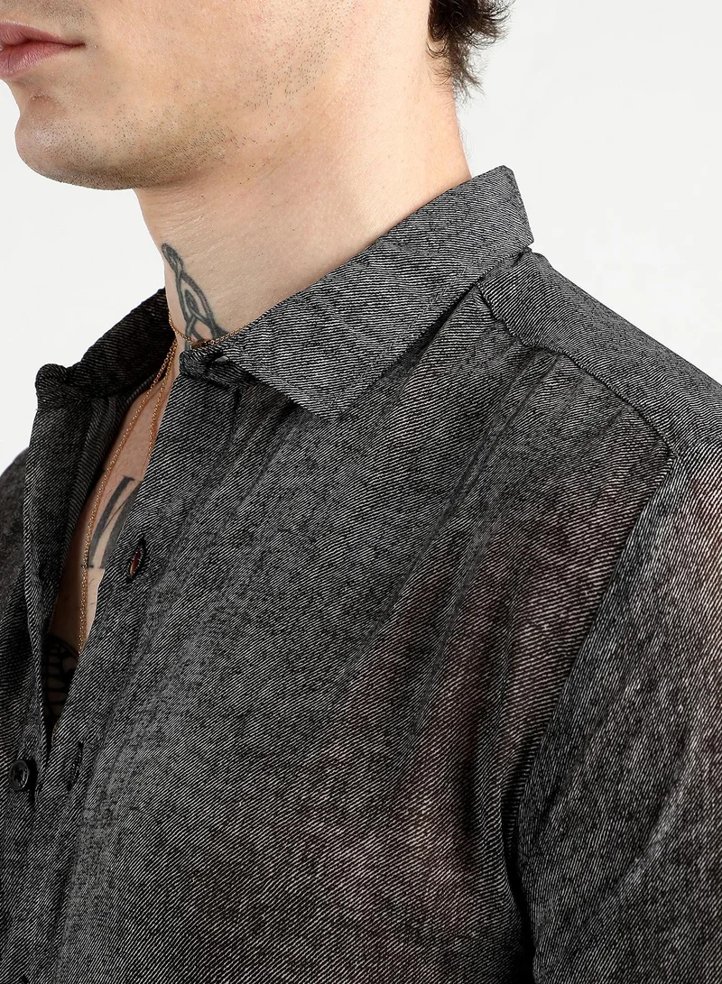 Campus Sutra  Men's Charcoal Black Gauzy Heathered Shirt for Men | Best Price UAE