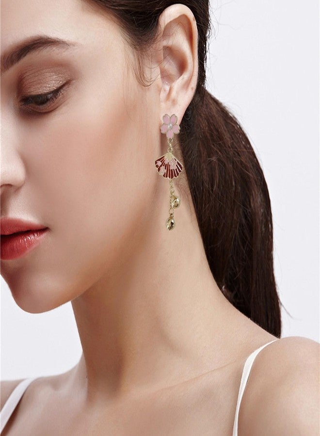 Anmpab Asymmetric Enamel Flower Fan Fox Stud Earrings for Women Cute Cartoon Animal Fan Petal Tassel Drop Dangle Earring Holiday Party Jewelry (Pink) - Image 3
