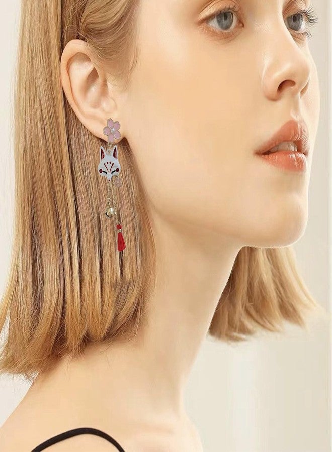 Anmpab Asymmetric Enamel Flower Fan Fox Stud Earrings for Women Cute Cartoon Animal Fan Petal Tassel Drop Dangle Earring Holiday Party Jewelry (Pink) - Image 4