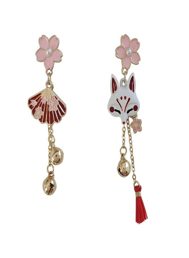 Anmpab Asymmetric Enamel Flower Fan Fox Stud Earrings for Women Cute Cartoon Animal Fan Petal Tassel Drop Dangle Earring Holiday Party Jewelry (Pink) - Image 1