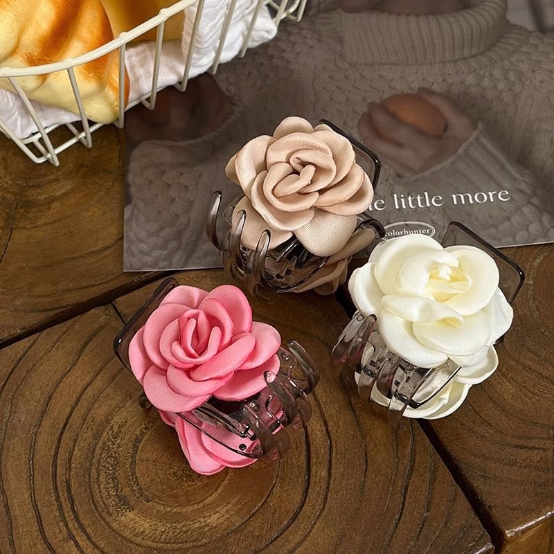 Agirlvct 3 Pack Small Hair Clips, Camellia Claw Clips for High Ponytail,Flower Hair Accessories Travel Beach Holiday Birthday Gift for Mother Girl Thick Thin Long Hair(Pink Champagne White) - Image 2