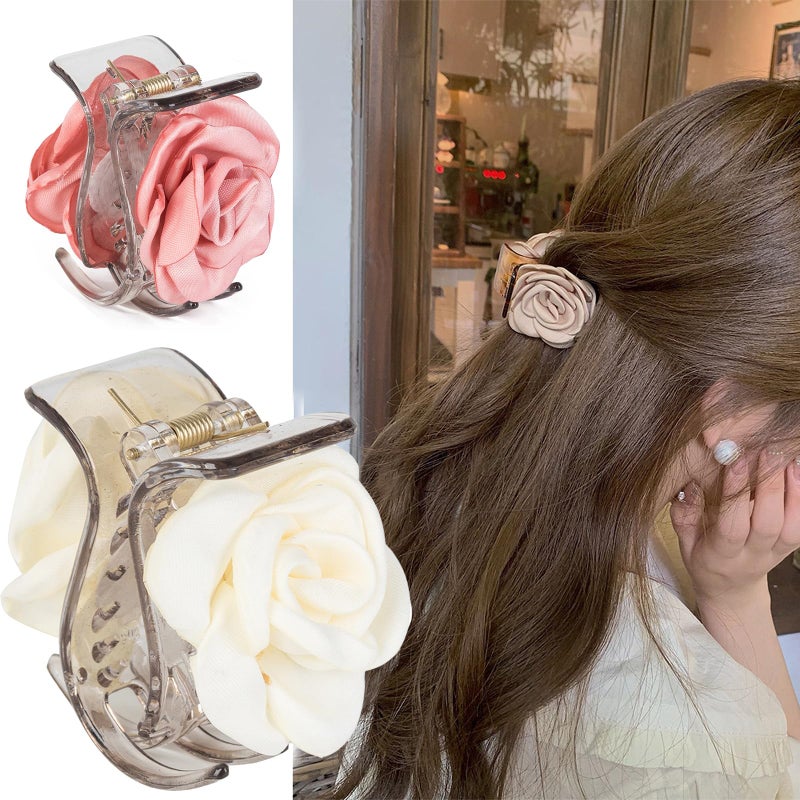 Agirlvct 3 Pack Small Hair Clips, Camellia Claw Clips for High Ponytail,Flower Hair Accessories Travel Beach Holiday Birthday Gift for Mother Girl Thick Thin Long Hair(Pink Champagne White) - Image 1