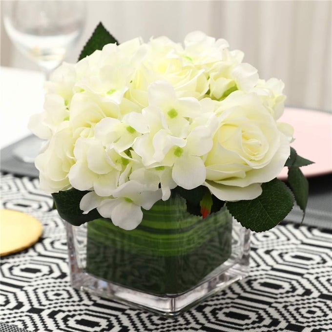 Artificial Silk Rose Flower Centerpiece Arrangement in vase for Home Wedding Decoration Spring White