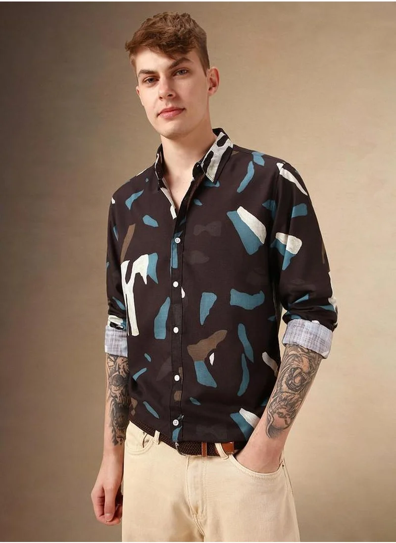 دينيس لينغو Men's Multicoloured Cotton Blend Printed Button Down Shirt
