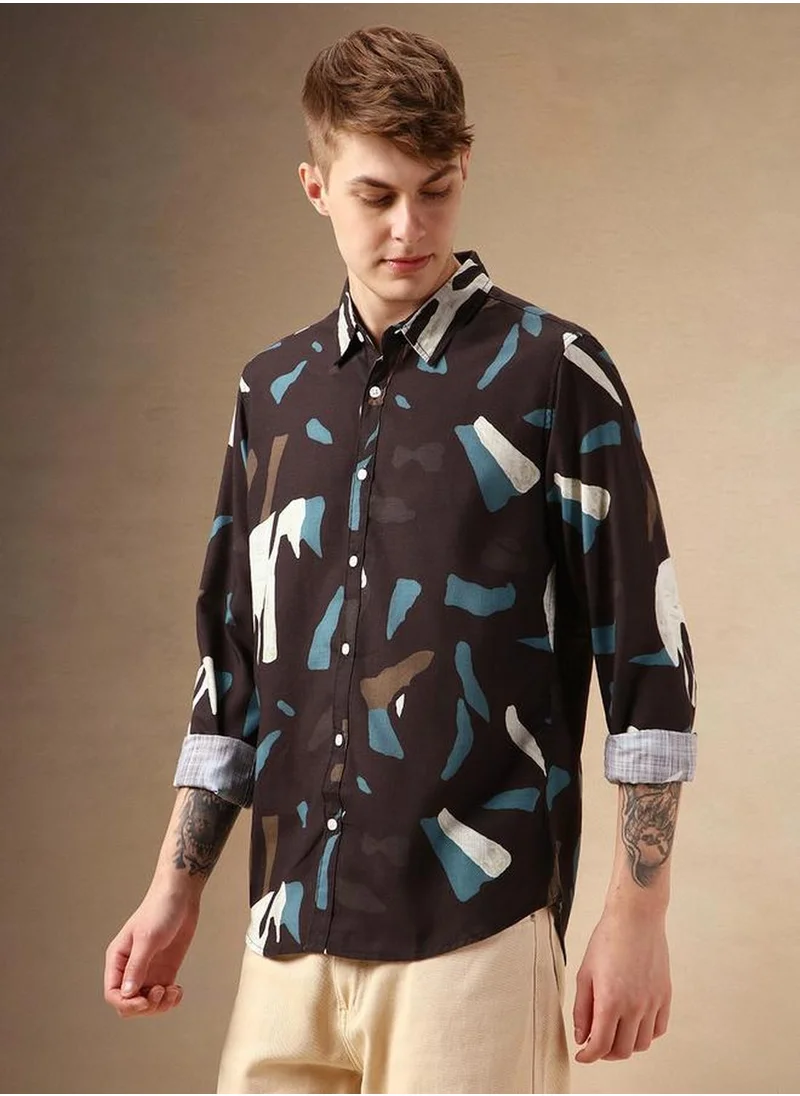دينيس لينغو Men's Multicoloured Cotton Blend Printed Button Down Shirt