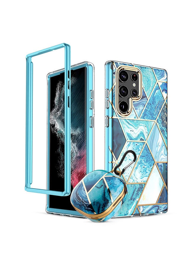 O Ozone Marble Bundle for Samsung Galaxy S23 5G Ultra Case + Galaxy Buds Case Full-Body Smooth Gloss Finish Marble Shockproof Bumper Stylish Cover (Blue) - Image 1