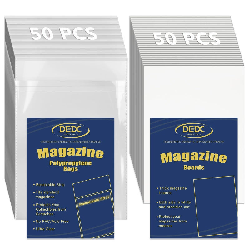 DEDC Magazine Bags and Boards 50 Pack - Heavy Duty 3.5 Mil Resealable Magazine Protector Sleeves with Rigid Acid-Free Backing Boards - Archival Clear Storage for Comics, Magazines & Collectibles - Image 1